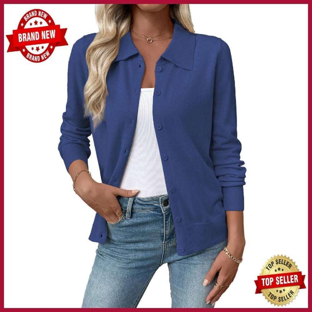 Lightweight Wool Blend Cardigan Button Down Lapel Collar Relaxed Fit